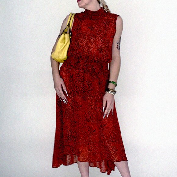 Red and black slightly sparkly sheer high low maxi tunic dress with ruching - Picture 1 of 8